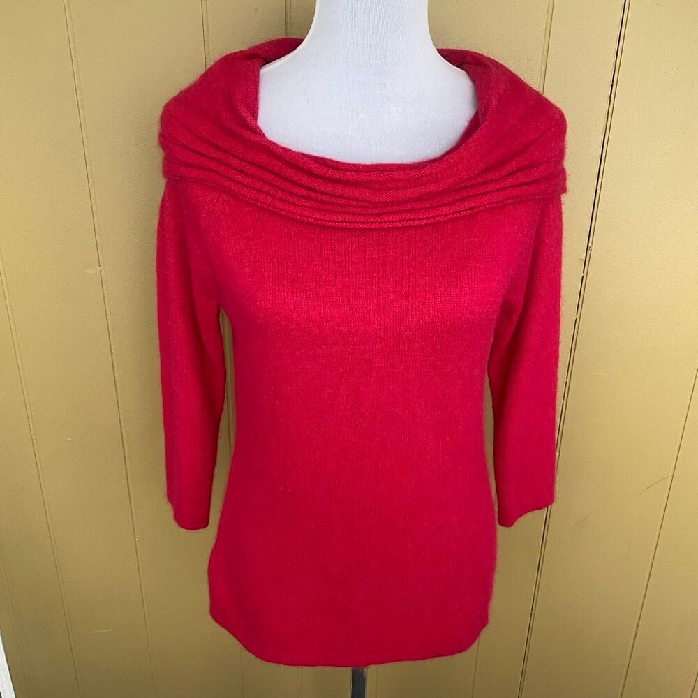 Cable and Gauge women L cowl neck 3/4 sleeve sweater red